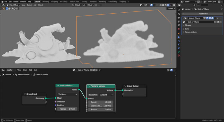 ジオメトリノードを使用したボリュームからメッシュへの変換