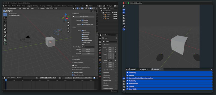 macOS の Meta XR Simulator で実行中の Blender